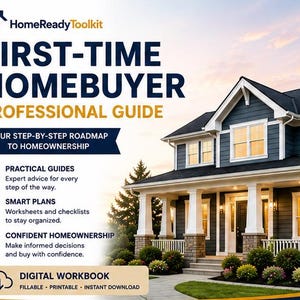 May include: A digital workbook titled HomeReadyToolkit First-Time Homebuyer Professional Guide. The cover features a dark blue house with white columns and text outlining a step-by-step roadmap to homeownership, practical guides, and smart plans.