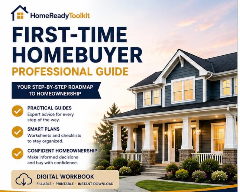 May include: A digital workbook titled HomeReadyToolkit First-Time Homebuyer Professional Guide. The cover features a dark blue house with white columns and text outlining a step-by-step roadmap to homeownership, practical guides, and smart plans.