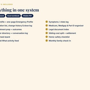 May include: A digital information graphic titled Everything in one system, listing features including a web dashboard, Excel workbook, and fillable PDF. It details care profiles, medication logs, appointment prep, and family task management tools.