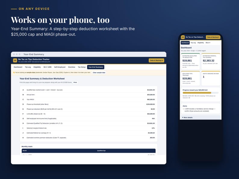 May include: A digital interface displaying a Year-End Summary and deduction worksheet for tax tracking. The screen shows financial data, including a $25,000 cap and MAGI phase-out, presented on both a desktop browser window and a mobile phone screen.