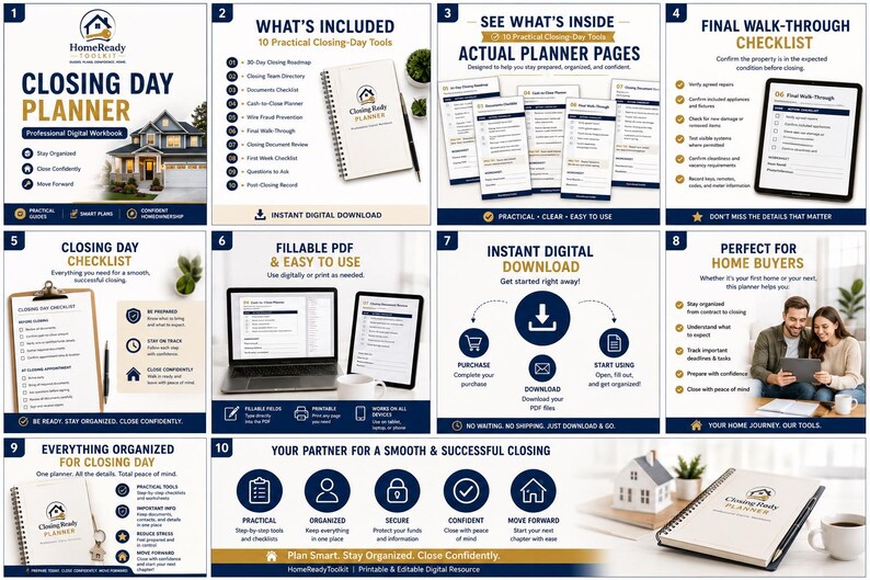 Puede incluir: Un planificador digital HomeReady Toolkit para el d&iacute;a del cierre inmobiliario, con diez herramientas pr&aacute;cticas, listas de verificaci&oacute;n y p&aacute;ginas PDF rellenables para compradores. Incluye una hoja de ruta de 30 d&iacute;as y gu&iacute;as de cierre.
