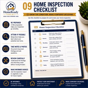 Puede incluir: Una lista de verificaci&oacute;n de inspecci&oacute;n de vivienda 09 HomeReady Toolkit en un portapapeles con un bol&iacute;grafo. El documento presenta una tabla con categor&iacute;as que incluyen exterior, interior, fontaner&iacute;a, electricidad, HVAC, electrodom&eacute;sticos y seguridad.