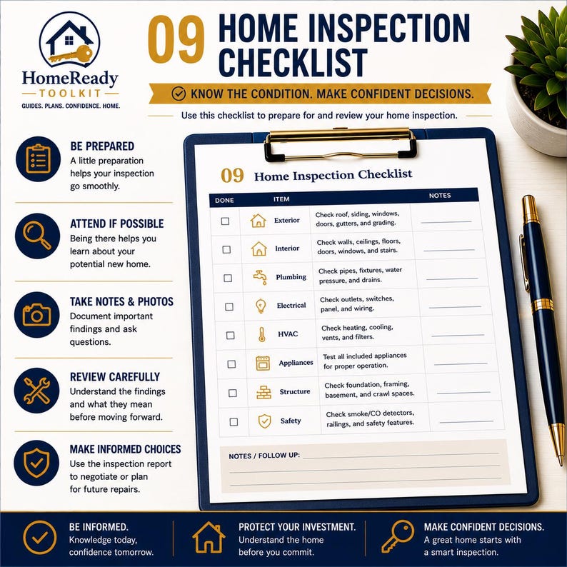 Puede incluir: Una lista de verificaci&oacute;n de inspecci&oacute;n de vivienda 09 HomeReady Toolkit en un portapapeles con un bol&iacute;grafo. El documento presenta una tabla con categor&iacute;as que incluyen exterior, interior, fontaner&iacute;a, electricidad, HVAC, electrodom&eacute;sticos y seguridad.