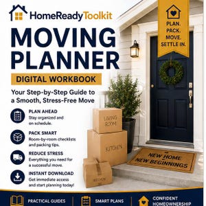 Op de afbeelding: Een digitale verhuisplanner genaamd HomeReady Toolkit met tekst over plannen, inpakken en verhuizen. De afbeelding toont kartonnen dozen met het label Living Room en Kitchen, een donkerblauwe voordeur en een deurmat met New Home New Beginnings.