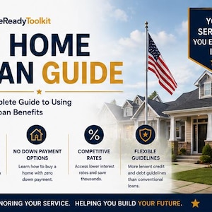 Peut inclure: Un d&eacute;pliant HomeReadyToolkit VA Home Loan Guide montrant une maison de banlieue, un drapeau am&eacute;ricain et du texte incluant 'YOU SERVED. YOU EARNED IT.' et 'Your Complete Guide to Using Your VA Loan Benefits' avec des ic&ocirc;nes pour les avantages.