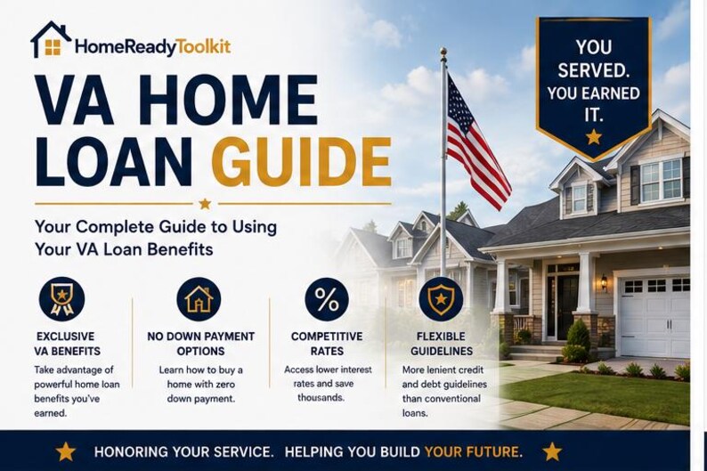 Peut inclure: Un d&eacute;pliant HomeReadyToolkit VA Home Loan Guide montrant une maison de banlieue, un drapeau am&eacute;ricain et du texte incluant 'YOU SERVED. YOU EARNED IT.' et 'Your Complete Guide to Using Your VA Loan Benefits' avec des ic&ocirc;nes pour les avantages.