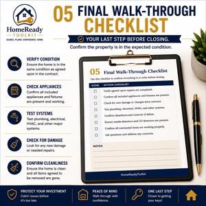 Puede incluir: Un documento HomeReady Toolkit 05 Final Walk-Through Checklist en un portapapeles negro. La lista de verificaci&oacute;n incluye secciones para verificar el estado, electrodom&eacute;sticos, sistemas, da&ntilde;os y limpieza antes del cierre de la propiedad.