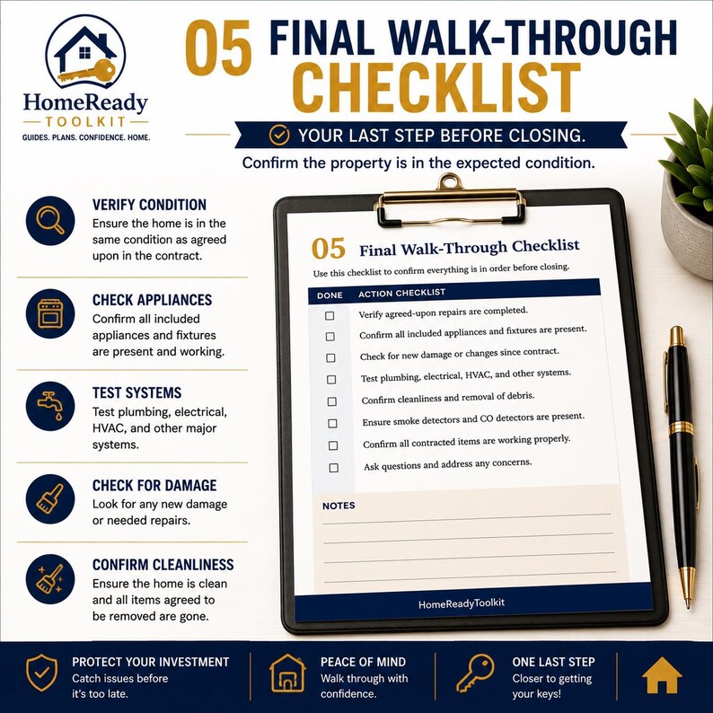 Puede incluir: Un documento HomeReady Toolkit 05 Final Walk-Through Checklist en un portapapeles negro. La lista de verificaci&oacute;n incluye secciones para verificar el estado, electrodom&eacute;sticos, sistemas, da&ntilde;os y limpieza antes del cierre de la propiedad.