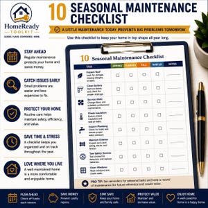 Puede incluir: Una lista de verificaci&oacute;n de mantenimiento estacional HomeReady Toolkit 10 en un portapapeles con un bol&iacute;grafo. El documento presenta una cuadr&iacute;cula para realizar un seguimiento de tareas como inspeccionar techos, limpiar canaletas y sistemas HVAC.