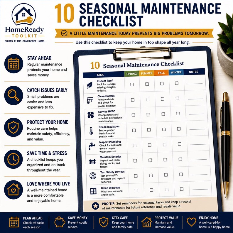 Puede incluir: Una lista de verificaci&oacute;n de mantenimiento estacional HomeReady Toolkit 10 en un portapapeles con un bol&iacute;grafo. El documento presenta una cuadr&iacute;cula para realizar un seguimiento de tareas como inspeccionar techos, limpiar canaletas y sistemas HVAC.