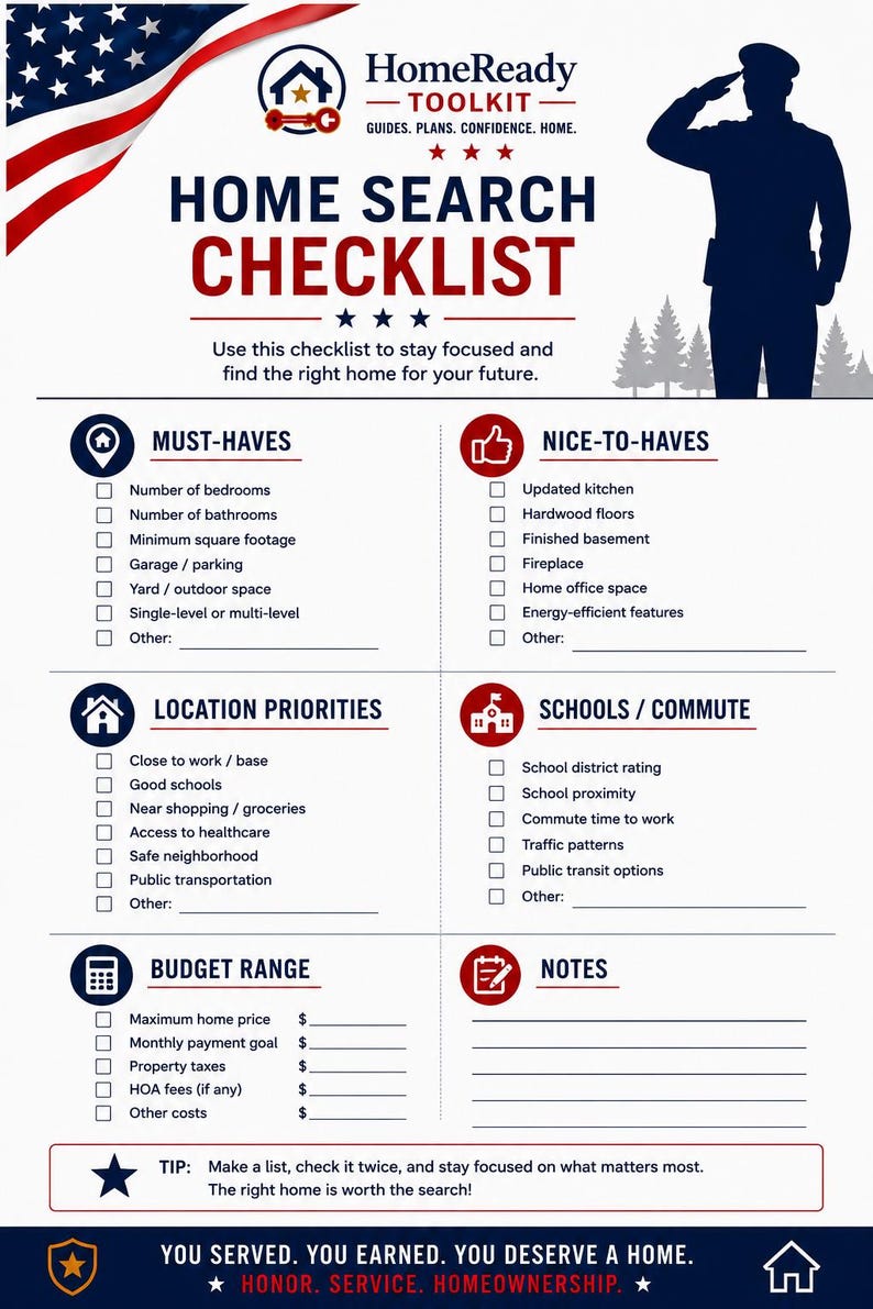 May include: A HomeReady Toolkit home search checklist document featuring a patriotic theme with an American flag, a saluting soldier silhouette, and sections for must-haves, nice-to-haves, location priorities, schools, commute, budget, and notes.