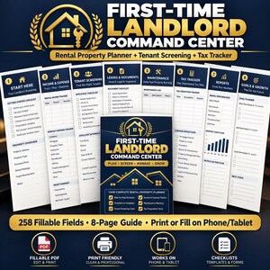 K&ouml;nnte beinhalten: Ein digitaler First-Time Landlord Command Center Planer mit acht Seiten f&uuml;r die Verwaltung von Mietobjekten, einschlie&szlig;lich Einkommens&uuml;bersichten, Checklisten f&uuml;r die Mieterpr&uuml;fung, Mietvertr&auml;gen, Wartungsprotokollen und Steuer&uuml;bersichten.