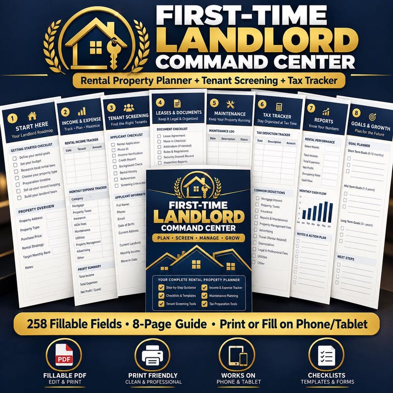 K&ouml;nnte beinhalten: Ein digitaler First-Time Landlord Command Center Planer mit acht Seiten f&uuml;r die Verwaltung von Mietobjekten, einschlie&szlig;lich Einkommens&uuml;bersichten, Checklisten f&uuml;r die Mieterpr&uuml;fung, Mietvertr&auml;gen, Wartungsprotokollen und Steuer&uuml;bersichten.