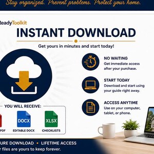 Puede incluir: Un anuncio de producto digital para HomeReadyToolkit con un gr&aacute;fico de descarga instant&aacute;nea y un icono de nube. Se enumeran formatos de archivo como PDF, DOCX y XLSX. El texto incluye 'INSTANT DOWNLOAD', 'NO WAITING', 'START TODAY' y 'ACCESS ANYTIME'.