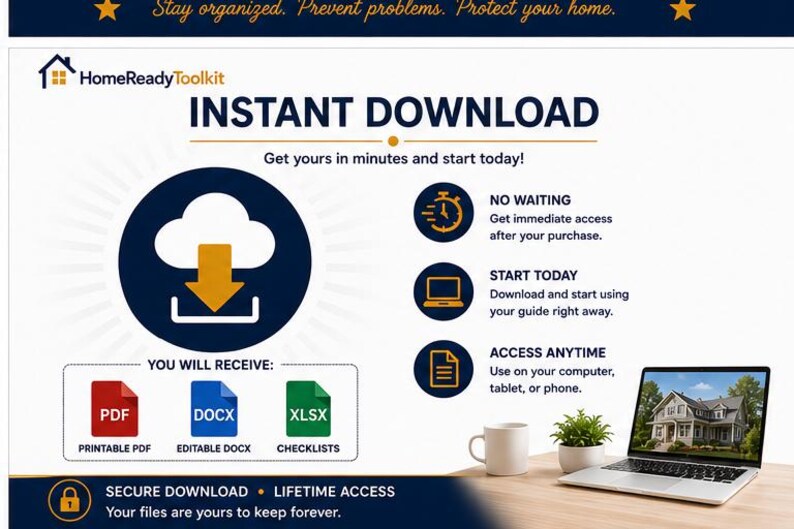 Puede incluir: Un anuncio de producto digital para HomeReadyToolkit con un gr&aacute;fico de descarga instant&aacute;nea y un icono de nube. Se enumeran formatos de archivo como PDF, DOCX y XLSX. El texto incluye 'INSTANT DOWNLOAD', 'NO WAITING', 'START TODAY' y 'ACCESS ANYTIME'.