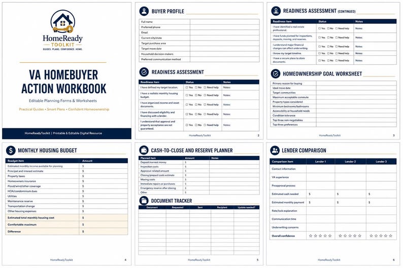 May include: A VA Homebuyer Action Workbook digital resource featuring six pages of planning forms and worksheets. Sections include Buyer Profile, Readiness Assessment, Homeownership Goal Worksheet, Monthly Housing Budget, Cash-to-Close Planner, and Lender Comparison.