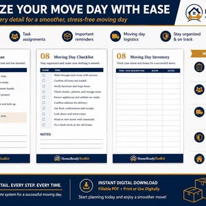 Op de afbeelding: Een digitale HomeReadyToolkit verhuisplanner met drie secties: verhuisplan, verhuischecklist en verhuisinventaris. Het document bevat takenlijsten, selectievakjes en notitiegebieden met marineblauwe en gouden accenten.