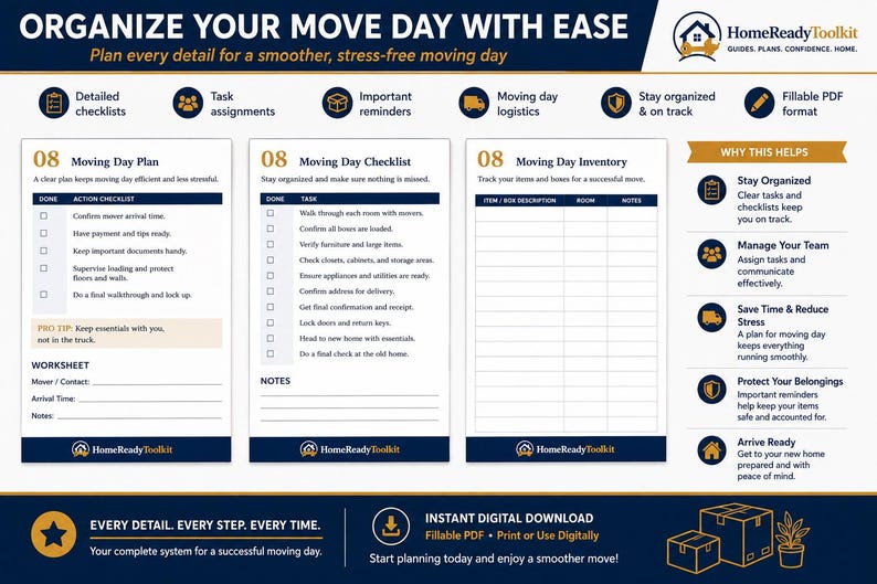 Op de afbeelding: Een digitale HomeReadyToolkit verhuisplanner met drie secties: verhuisplan, verhuischecklist en verhuisinventaris. Het document bevat takenlijsten, selectievakjes en notitiegebieden met marineblauwe en gouden accenten.
