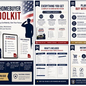 May include: A digital VA Homebuyer Toolkit infographic featuring a success guide, action workbook, and quick checklists. The design includes a silhouette of a saluting veteran, American flag elements, and text detailing home buying resources.