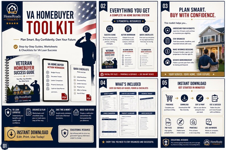 May include: A digital VA Homebuyer Toolkit infographic featuring a success guide, action workbook, and quick checklists. The design includes a silhouette of a saluting veteran, American flag elements, and text detailing home buying resources.