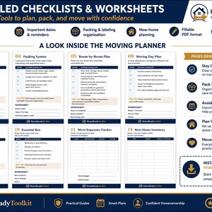 Op de afbeelding: Een digitale verhuisplanner-infographic getiteld Detailed Checklists & Worksheets van HomeReadyToolkit. Het toont acht secties, waaronder een 8-weken aftelling, inpak-systeem, kamer-voor-kamer plan en een onkosten-tracker in PDF-formaat.