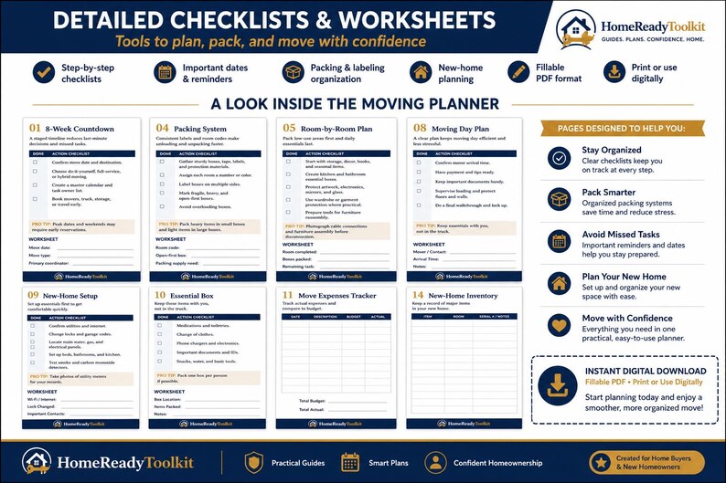 Op de afbeelding: Een digitale verhuisplanner-infographic getiteld Detailed Checklists & Worksheets van HomeReadyToolkit. Het toont acht secties, waaronder een 8-weken aftelling, inpak-systeem, kamer-voor-kamer plan en een onkosten-tracker in PDF-formaat.