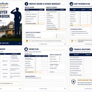 May include: A six-page VA Homebuyer Action Workbook featuring financial planning templates. Pages include a Monthly Income & Expense Worksheet, Debt Paydown Plan, Credit Improvement Tracker, Savings Plan, and Financial Milestones tracker.
