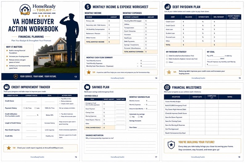 May include: A six-page VA Homebuyer Action Workbook featuring financial planning templates. Pages include a Monthly Income & Expense Worksheet, Debt Paydown Plan, Credit Improvement Tracker, Savings Plan, and Financial Milestones tracker.