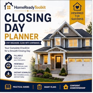 Puede incluir: Un planificador digital HomeReady Toolkit Closing Day Planner con una casa de dos pisos con revestimiento gris y garaje blanco. El texto dice Closing Day Planner, Stay Organized. Close With Confidence, Fillable, Printable e Instant Download.