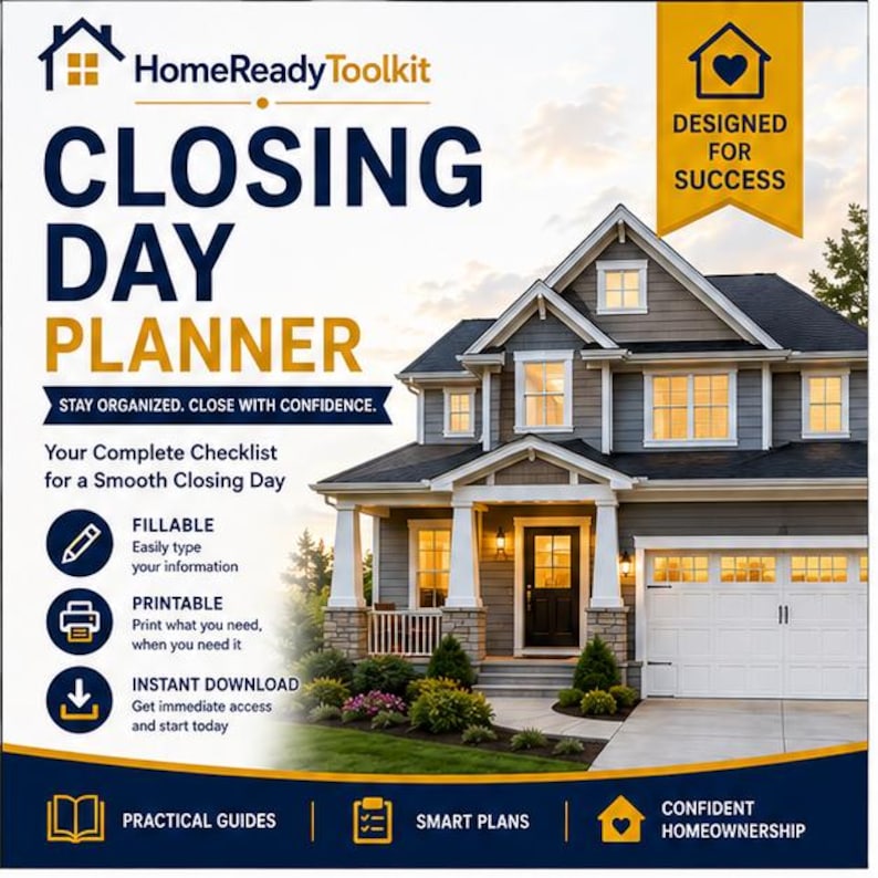 Puede incluir: Un planificador digital HomeReady Toolkit Closing Day Planner con una casa de dos pisos con revestimiento gris y garaje blanco. El texto dice Closing Day Planner, Stay Organized. Close With Confidence, Fillable, Printable e Instant Download.