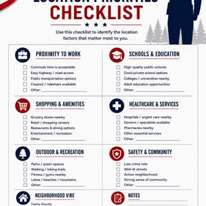 May include: A HomeReady Toolkit Location Priorities Checklist document featuring a silhouette of a saluting service member, an American flag, and categories including work, schools, shopping, healthcare, recreation, safety, and neighbourhood vibe.