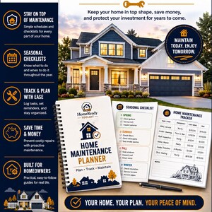 Puede incluir: Una gu&iacute;a y planificador de mantenimiento del hogar HomeReady Toolkit que incluye un planificador de espiral con listas de verificaci&oacute;n estacionales y un rastreador de mantenimiento. La portada muestra el logo de HomeReady Toolkit, ilustraciones de casas y texto.