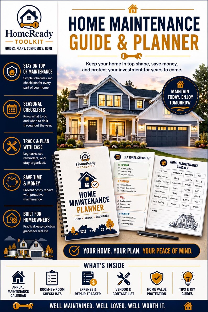 Puede incluir: Una gu&iacute;a y planificador de mantenimiento del hogar HomeReady Toolkit que incluye un planificador de espiral con listas de verificaci&oacute;n estacionales y un rastreador de mantenimiento. La portada muestra el logo de HomeReady Toolkit, ilustraciones de casas y texto.