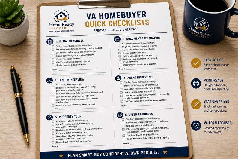 Peut inclure: Un document papier blanc intitul&eacute; VA Homebuyer Quick Checklists sur un presse-papier en bois. Le document pr&eacute;sente six sections num&eacute;rot&eacute;es pour les t&acirc;ches d'achat immobilier, avec des cases &agrave; cocher et des lignes pour les notes.