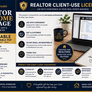 May include: A digital realtor welcome package kit featuring a fillable and printable PDF, displayed on a laptop screen alongside a branded mug and a notebook. The layout includes text detailing licence terms, usage instructions, and professional benefits.
