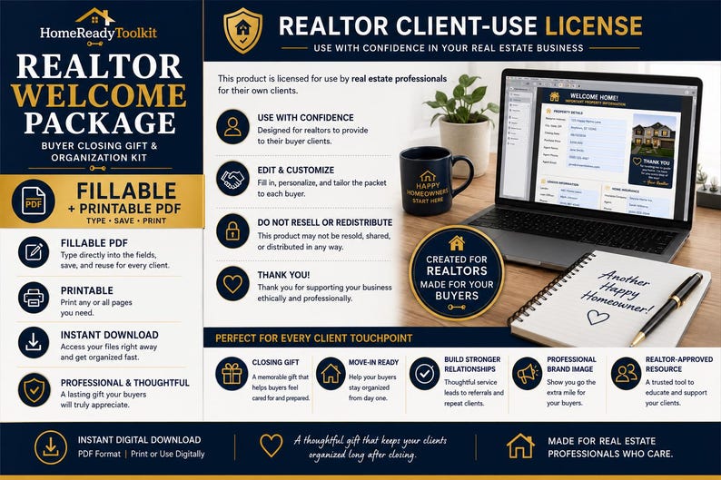 May include: A digital realtor welcome package kit featuring a fillable and printable PDF, displayed on a laptop screen alongside a branded mug and a notebook. The layout includes text detailing licence terms, usage instructions, and professional benefits.