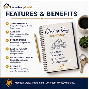 Puede incluir: Un gr&aacute;fico de caracter&iacute;sticas y beneficios de HomeReadyToolkit con un cuaderno de espiral Closing Day Roadmap, un bol&iacute;grafo dorado, una taza de caf&eacute;, una peque&ntilde;a suculenta y un juego de llaves. El texto detalla beneficios y pasos.