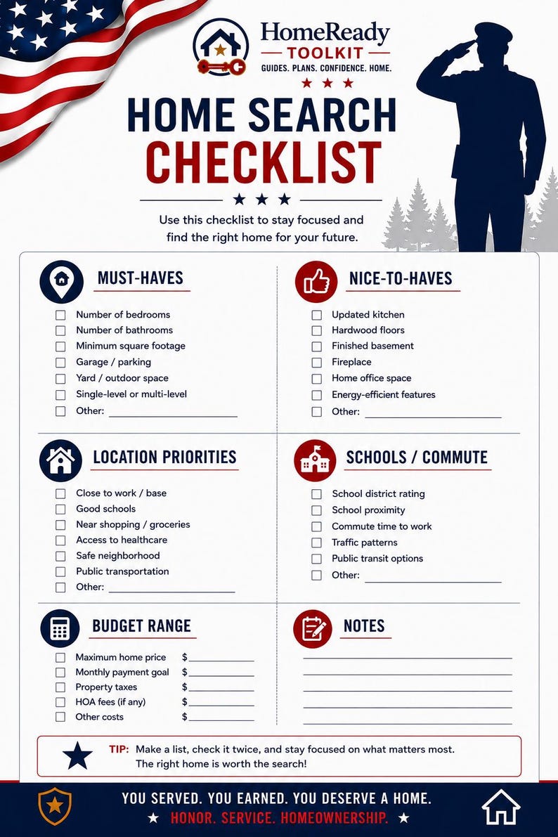 May include: A HomeReady Toolkit Home Search Checklist document featuring a US flag, a saluting soldier silhouette, and sections for must-haves, nice-to-haves, location priorities, schools, commute, budget range, and notes with checkboxes for home buyers.