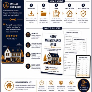 Puede incluir: Una gu&iacute;a digital HomeReady Toolkit que presenta un sistema paso a paso para el mantenimiento del hogar. Incluye listas de verificaci&oacute;n, rastreadores y planificadores de presupuesto. El documento muestra texto, iconos y una ilustraci&oacute;n de una casa, destacando las funciones de descarga instant&aacute;nea, imprimibles y editables.