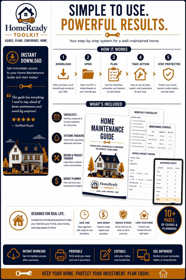 Puede incluir: Una gu&iacute;a digital HomeReady Toolkit que presenta un sistema paso a paso para el mantenimiento del hogar. Incluye listas de verificaci&oacute;n, rastreadores y planificadores de presupuesto. El documento muestra texto, iconos y una ilustraci&oacute;n de una casa, destacando las funciones de descarga instant&aacute;nea, imprimibles y editables.