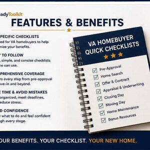 May include: A spiral-bound notebook titled VA Homebuyer Quick Checklists with a list of steps including Pre-Approval, Home Search, Offer & Contract, Appraisal & Underwriting, Closing Day, Moving Day, Home Maintenance, and Bonus Resources, next to a pen.