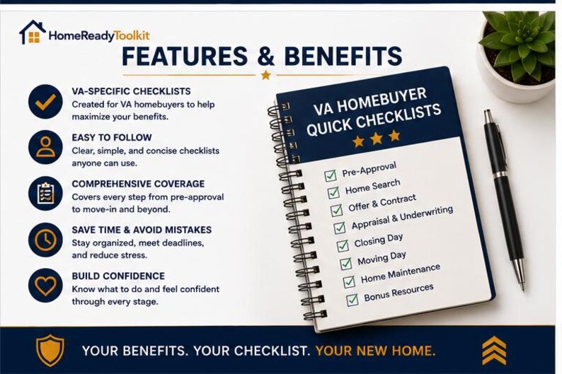 May include: A spiral-bound notebook titled VA Homebuyer Quick Checklists with a list of steps including Pre-Approval, Home Search, Offer & Contract, Appraisal & Underwriting, Closing Day, Moving Day, Home Maintenance, and Bonus Resources, next to a pen.