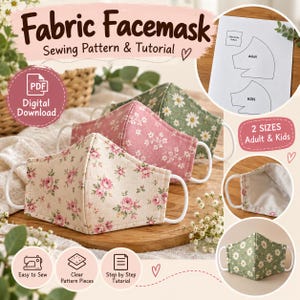 Pode incluir: Um molde de costura em PDF digital e tutorial para uma máscara de tecido. A imagem exibe três máscaras com estampas florais em creme, rosa e verde, ao lado de uma folha de molde de papel rotulada Adult e Kids, e ícones de costura.
