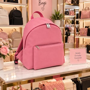 May include: A solid pink backpack featuring a large main compartment with silver dual zips and a smaller front pocket with a single silver zip. The backpack has a top handle and adjustable shoulder straps, displayed on a white marble surface.