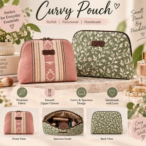 Puede incluir: Dos estuches de tela etiquetados como Curvy Pouch. Uno es de color rosa empolvado con un patrón geométrico central en crema y marrón. El otro es de color verde salvia con un estampado de hojas blancas. Ambos tienen una etiqueta de marca marrón.