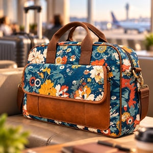 May include: A rectangular laptop bag featuring a dark blue fabric base with a vibrant floral pattern in shades of orange, yellow, and white. The bag includes brown fabric handles, a brown leather-like front pocket flap, and a detachable shoulder strap.
