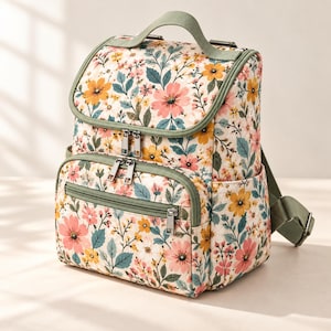 Puede incluir: Una mochila con estampado floral de flores rosas, amarillas y blancas sobre fondo crema. Incluye un asa superior, correas ajustables para los hombros, un compartimento principal grande con solapa y un bolsillo frontal con cremallera y borde verde salvia.