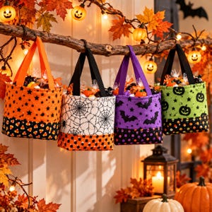 May include: Four fabric Halloween treat bags with handles, each filled with candy. The bags feature orange star patterns, black spiderwebs on white, purple bats, and green jack-o'-lanterns, all with a bottom band of candy corn print.