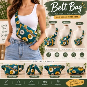 May include: A teal belt bag featuring a yellow and white floral pattern with a gold zipper. The image displays three sizes: Large at 10 inches wide by 2.5 inches deep by 12 inches high, Regular at 9 by 2 by 11.5 inches, and Mini at 7 by 1.5 by 9 inches.