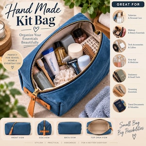 May include: A blue canvas kit bag with a gold zipper and tan leather pull tab. The bag is shown open and filled with various personal care items, including a toothbrush, toothpaste, and bottles. The image includes text labels and views.